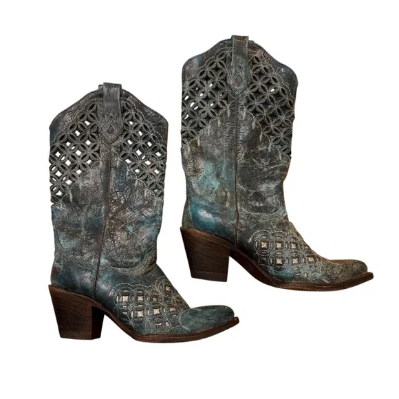Corral Laser Cutout Western Cowboy Cowgirl Boots Turquoise Heel Rodeo Women’s 9 - Picture 2 of 14
